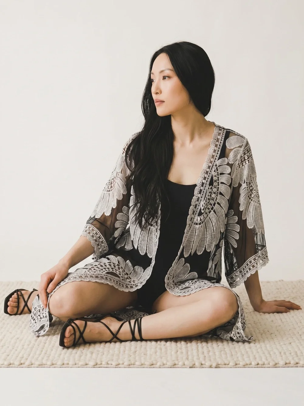 Black & White Embroidered Swim Cover-Up Kimono - Picture 9 of 9